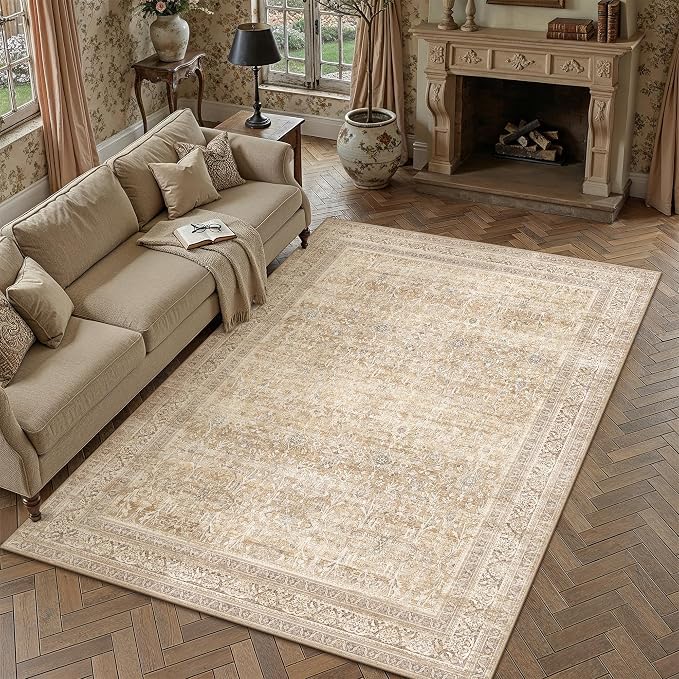 9x12 Beige Neutral Retro Area Rug | Washable, Low Pile, Floral, Soft, Non Slip, Carpet for Living Room Bedroom Dining Room Nursery Office Indoor Home Decor