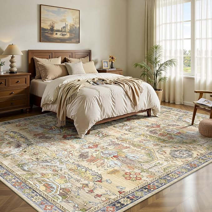 8x10 Area Rugs, Vintage Retro Soft Washable Rug, Non-Slip Low Pile Rugs for Living Room, Bedroom, Dining Room, Stain Resistant Home Decor Rug (Vintage Ivory/Multi)