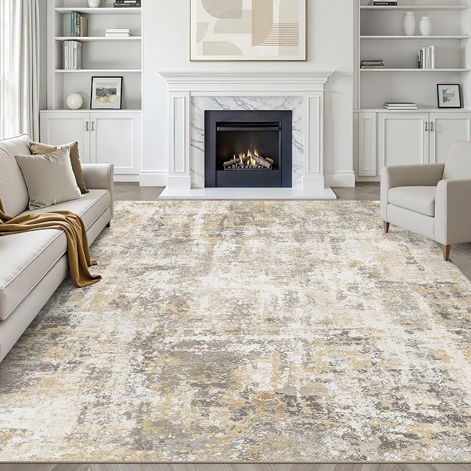 8x10 Area Rugs Living Room: Washable Large Neutral Gray Gold Rug Abstract Soft Modern Stain Resistant Indoor Floor Non-Slip Carpet for Bedroom Nursery Kids Office Playroom Dining Room Under Table Home