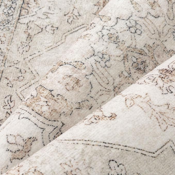 PureCozy Beige Area Rug 2x4 Washable Vintage Carpet Entryway Kitchen Soft Retro Low Pile Thin Door Mat Non Slip Oriental Medallion Throw Small Rug for Bathroom Office Bedroom Dining Room