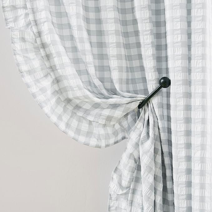 ZJDECOR 63 Inch Grey White Buffalo Plaid Crinkle Curtains for Bedroom | Not-See-Through Sheer Cotton Blended Ruffle Drapes,Farmhouse Living Room Window Treatment,Rod Pocket,40"Wx63"Lx2