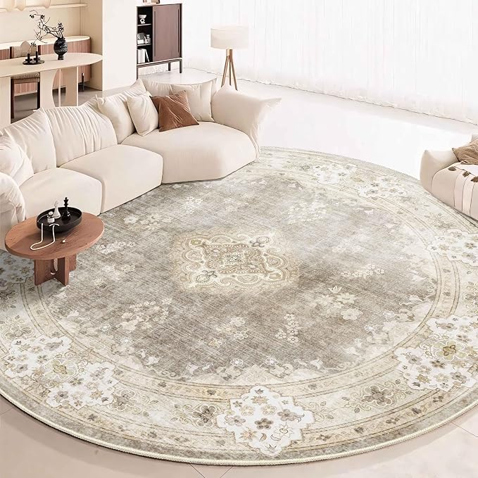 MUJOO Beige Round Rug 9ft,Circle Washable Area Rug Non Slip Low-Pile Floral | Large Circular Rugs for Living Room Bedroom Dining Room Boho Throw Carpet Soft Floor Indoor Vintage Bohemian Flowers