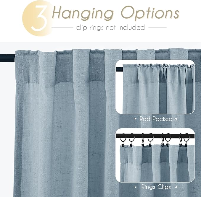 Dusty Blue Linen Curtains 84 inch Long for Living Room Back Tab Light Filtering Semi Sheer Light Blue Bedroom Curtains Linen Cotton Textured Grey Blue Drapery Panel Airy Modern Aesthetic Decor