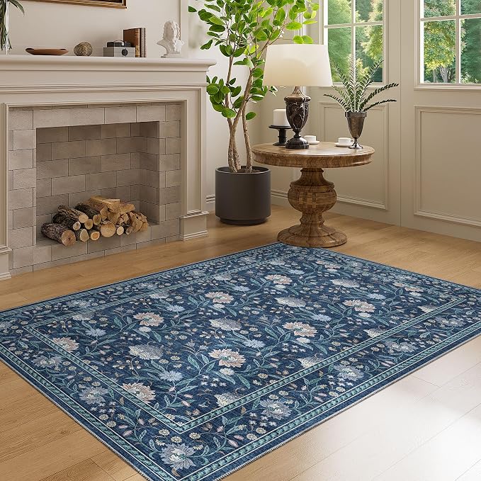 DUKINO 3x5 Rug, Washable Vintage Floral Bedroom Area Rug Non Slip Dark Blue | Low Pile, Non-Shedding, Stain Resistant Boho Lightweight Soft Indoor Carpet for Bathroom Office Dining Living Room Farmhouse