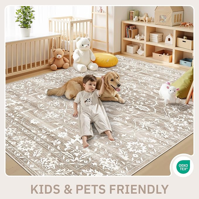 Soalmost 5x7 Area Rugs for Living Room, Washable Neutral Soft Rug | Vintage Floral Non-Slip Low Pile Throw Large Carpet for Dining Room Bedroom Kitchen Home Office Nursery Light Brown 5'x7'