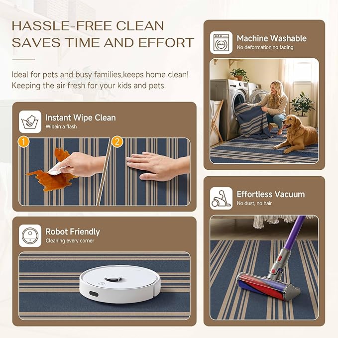 PureCozy Outdoor Rug 8x10 Washable Striped Jute Look Non Slip Carpet | Blue Stripe Farmhouse Style, Indoor Outdoor Area Rugs for Patio, Living Room, Dining Room, Non Shedding, Neutral Rug