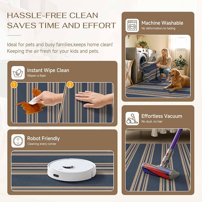 PureCozy Outdoor Rug 6x9 Washable Striped Jute Look Non Slip Carpet | Blue Stripe Farmhouse Style, Indoor Outdoor Area Rugs for Patio, Living Room, Dining Room, Non Shedding, Neutral Rug