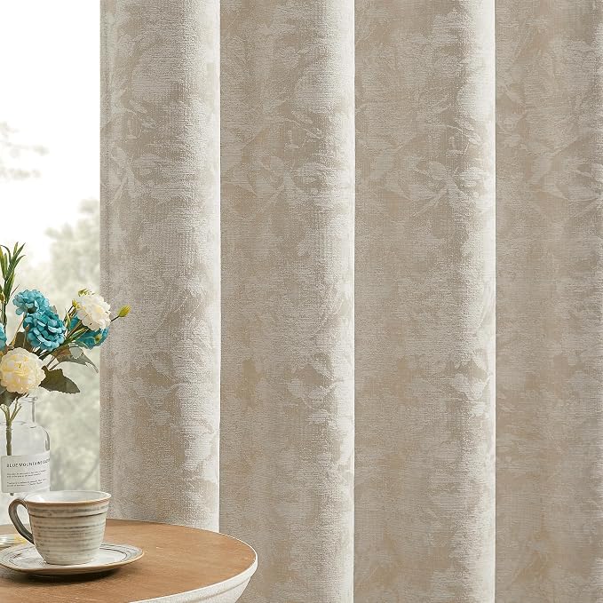 Beauoop Beige Floral Jacquard Blackout Curtains for Bedroom 52x96 2 Panels | Flower Chenille Room Darkening Drapes for Living Room 96 Inch Long Thermal Insulated Soundproof Window treatment Grommet