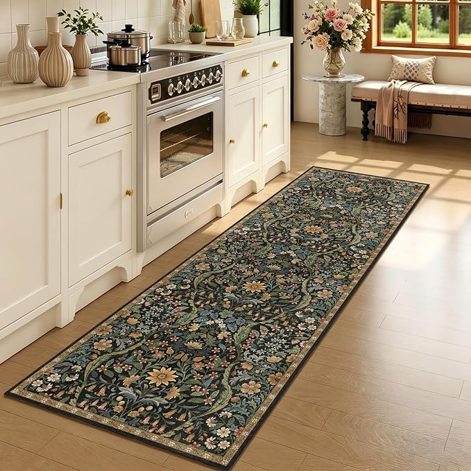 2x6 Washable Runner Rug,Black Brown Floral Boho Area Rug for Hallway,Low-Pile Non-Slip Stain Resistant Carpet for Kitchen, Bedside,Laundry Room,Entryway