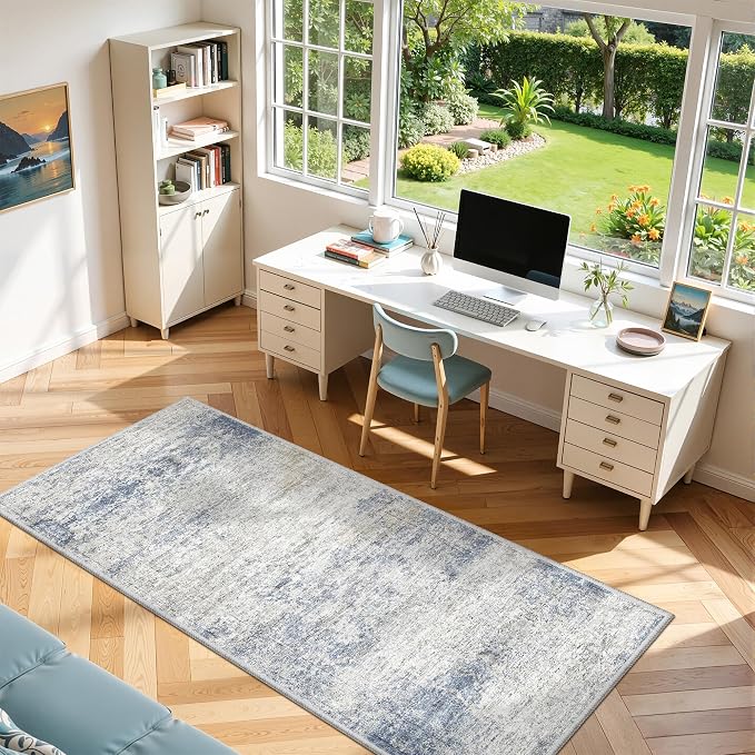 3x6 Runner Rug Non Slip,Washable Hallway Runner Rug,Blue | Neutral Rugs for Kitchen,Entryway,Bedroom,Bathroom,Nursery Room,Thin,Soft Runner Rug,Stain Resistant Indoor Carpet