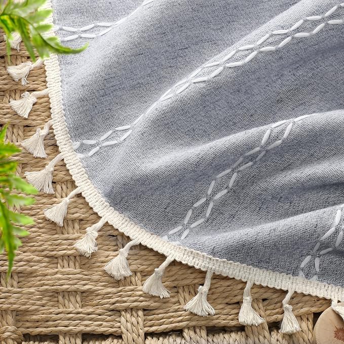 Blue Boho Blackout Curtains 2 Panels 63 Inch for Living Room Bedroom, Linen Texture Farmhouse Curtains with Tassels and White Cotton Embroidery Vintage Rustic Country Western