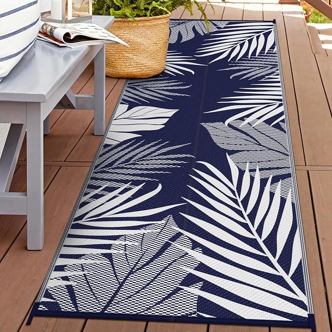 GENIMO Outdoor Rug, Waterproof Plastic Runner Rugs, 2.5'x8' Navy Blue White | Outside Leaf Carpet Mat for Patio Decor, Porch, Deck, Balcony, Camping, RV, Picnic, Beach, Reversible, Foldable, Lightweight