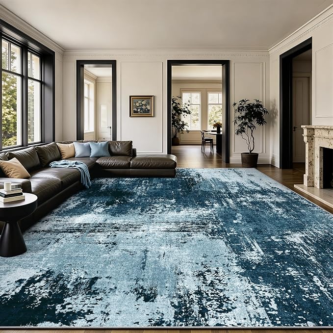 8x10 Rugs for Living Room - Modern Abstract Washable Rug, Ultra Soft Non Slip Low Pile Large Rugs, Floor Carpet for Bedroom Dining Room Office Laundry Nursery Home（Ocean Blue）