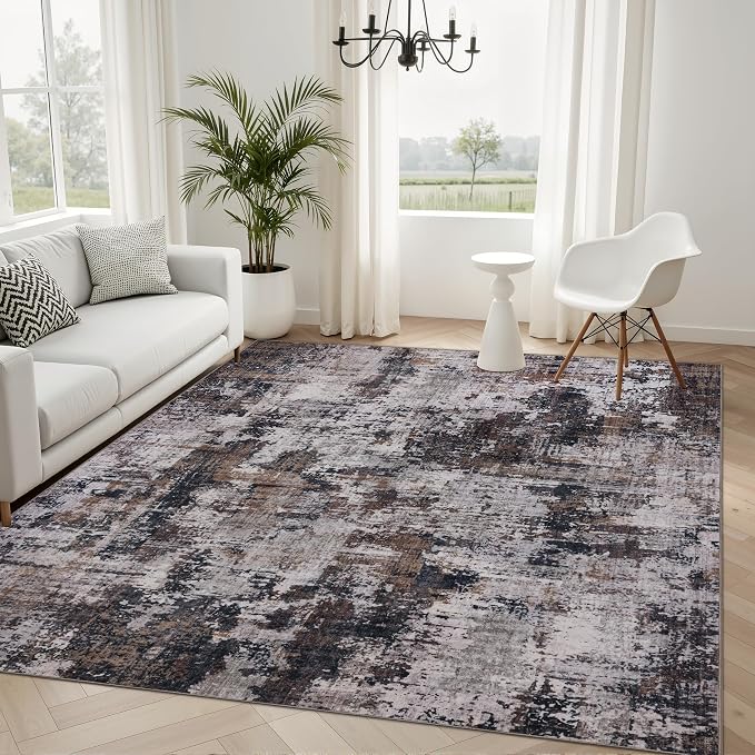 Sasttie 4x6 Soft Area Rug for Living Room, Modern Abstract Washable Carpet for Bedroom, with Non-Slip Backing, Black and Brown