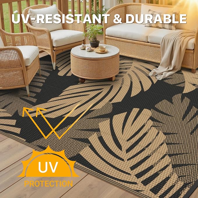 GENIMO Outdoor Rug, Waterproof Plastic Rugs for Patio, 6'x9' Black Brown | Outside Larger Leaf Carpet Mat for Porch Decor, Deck, Balcony, Camping, RV, Backyard, Picnic, Beach, Reversible, Foldable
