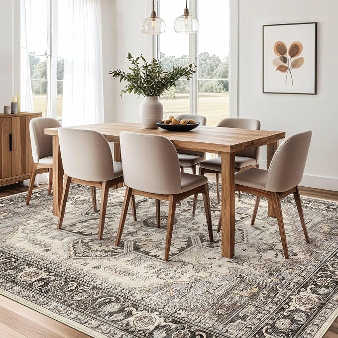 8x11 Area Rugs for Living Room - Large Carpet Ultra Thin Soft Washable Oriental Vintage Floral Distressed Rug Big Indoor Carpets for Bedroom Nursery Dorm Home Decor Aesthetic - Grey Brown