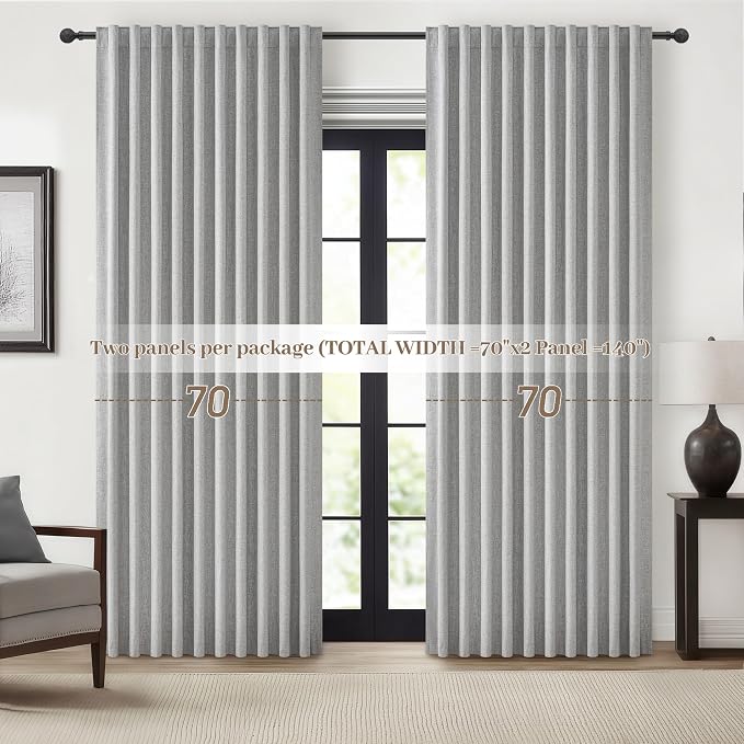 Gray Blackout Curtains 70 Inches Extra Wide Linen Curtains 96 Inch Length for Kids Boys Room/Nursery, Pleated Bedroom Thermal Drapes for Winter Thick Window Energy Efficient 70"W x 96"L 2 Panels