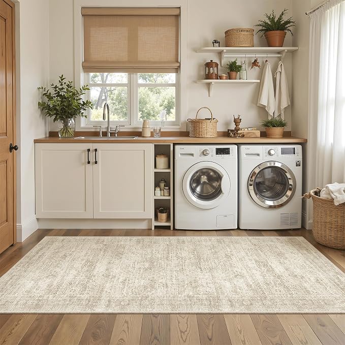 Soalmost Runner Rug 3x6 Washable Non-Slip Kitchen Runner Rugs for Bathroom Laundry Room Beige Vintage Floor Carpet Runners for Hallway Entryway