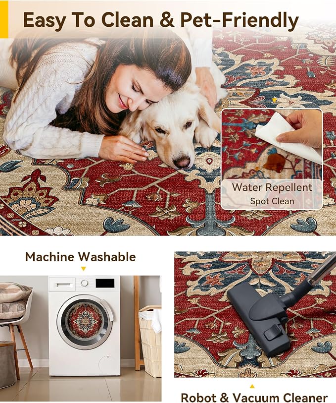 RELEANY Area Rugs Round 6ft Washable Non-Slip, Floral Vintage Distress Medallion Carpet for Living Room Bedroom Dining Room, Red Blue