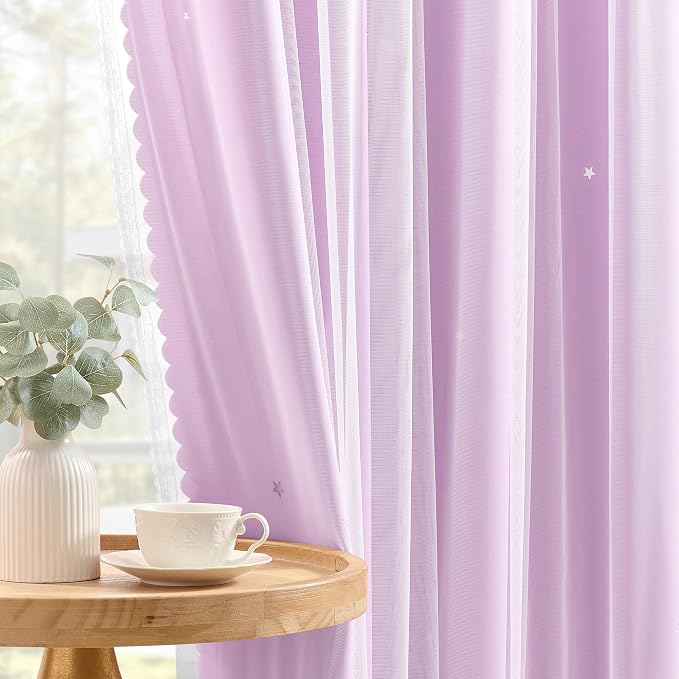 XiDi Purple Curtains for Girls Bedroom 2 Panels 72 Inches Long Hollow-Out Star Kids Nursery Blackout Curtains Princess Mermaid Wall Decor Double Layer Grommet Window Drapes Lilac Purple W34 x L72