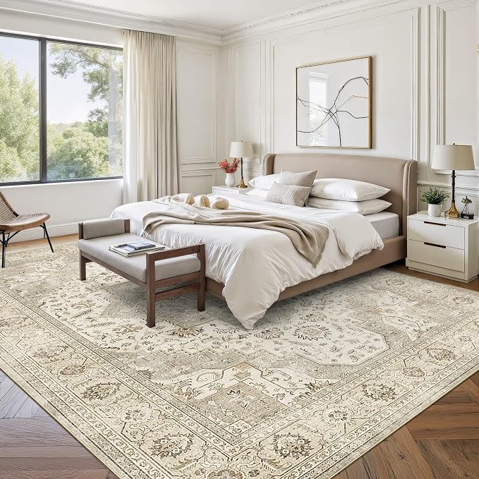 Roxstand 9x12 Washable Area Rug, Vintage Non Slip Rugs, Ivory/Beige | Soft Low Pile Design, Stain Resistant,Pet & Kid Friendly,Carpet for Living Room, Bedroom, Dining Room and Office Decor