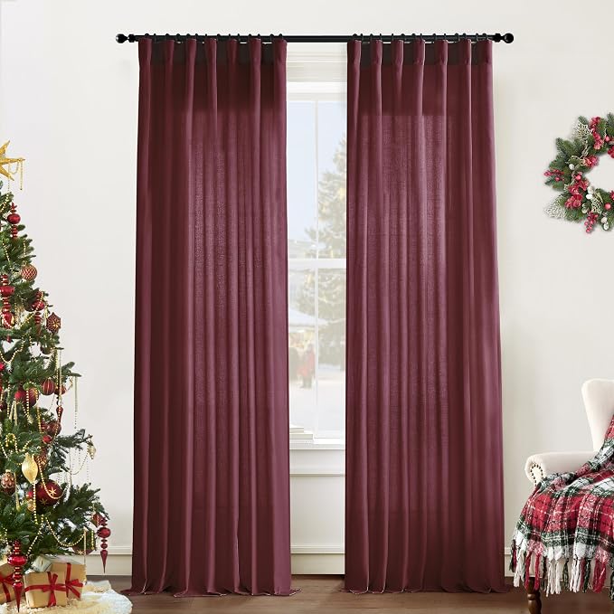 XTMYI Maroon Wine Red Curtains 96 Inches Long for Living Room 2 Panels Set, Linen Hooks Track Country Farmhouse Curtains for Dining Room Bedroom