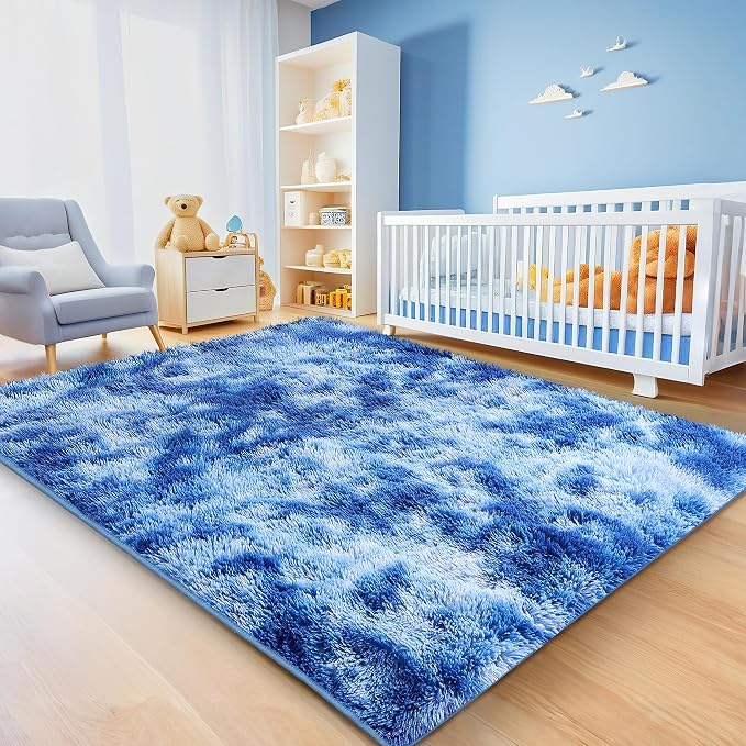 8x10 Tie-Dyed Blue Fluffy Shag Area Rugs for Living Room Bedroom | Ultra Soft Comfy, Large Fuzzy Shaggy Plush Carpet for Nursery Boys Kids Girls, Modern Indoor Home Decor, Upgrade Non-Slip