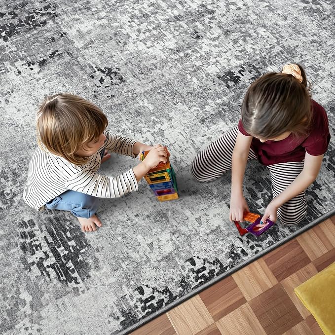 3x8 Grey Rug Runners for Hallways Kitchen Runner Rug Non Slip Washable Black Long Runner Rugs with Rubber Backing Soft Abstract Carpet Runner for Bedroom, Kitchen, Bathroom, Entryway