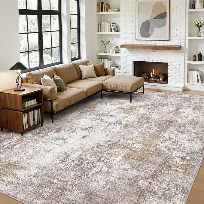 12x15 Area Rugs for Living Room, 12x15 Rug Washable High-Low Pile | Neutral Modern Abstract Carpet, Non Slip Lightweight Soft Made for Dining Room, Home Office Indoor Decor - Gold Brown