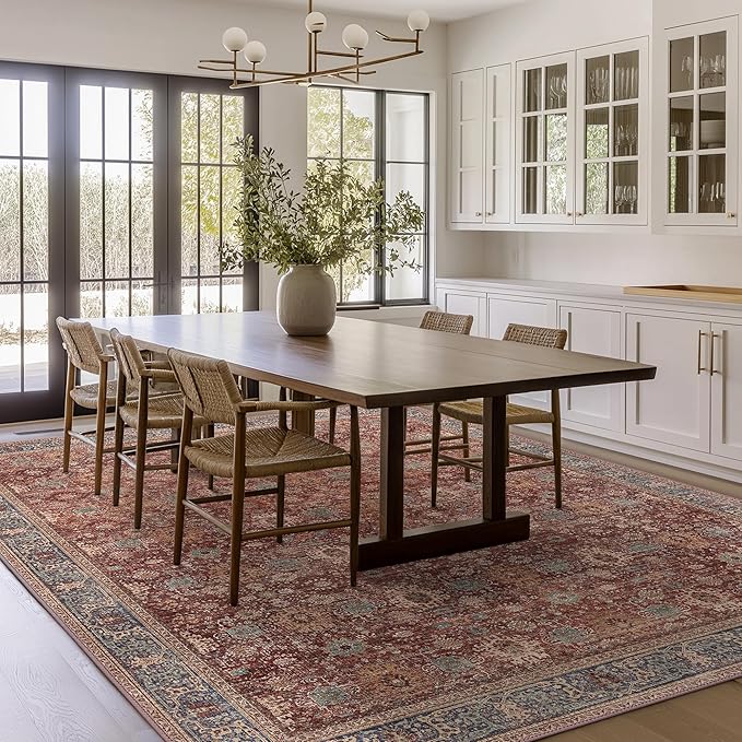 BESBLEE 8X10 Area Rugs Machine Washable Rugs for Living Room, Vintage Boho Large Rugs for Bedroom Dining Room, Non Slip Indoor Soft Distressed Lightweight Thin Low Pile Carpet, Red Brown