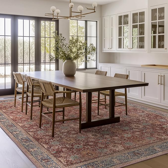 BESBLEE 10X14 Area Rugs Machine Washable Rugs for Living Room, Vintage Boho Large Rugs for Bedroom Dining Room, Non Slip Indoor Soft Distressed Lightweight Thin Low Pile Carpet, Red Brown
