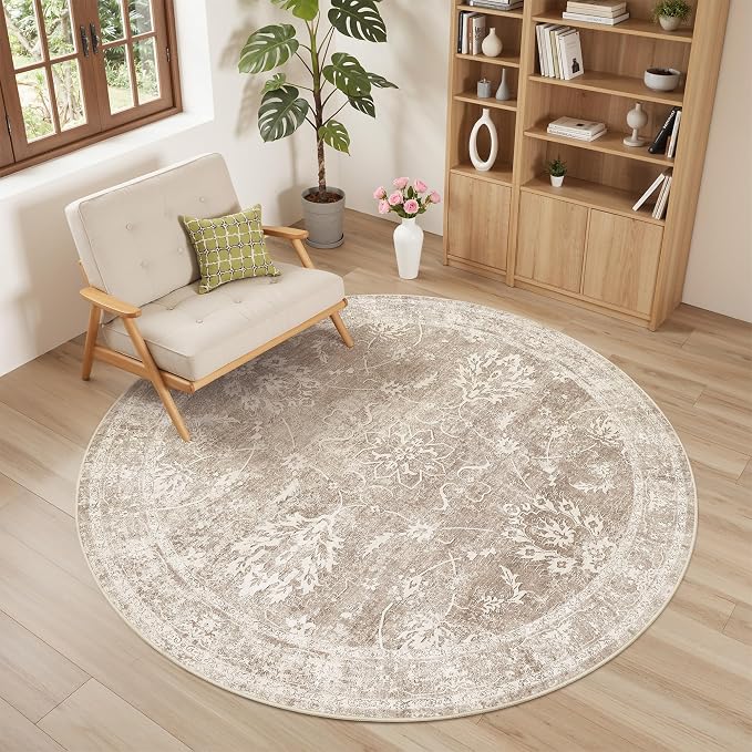 Madane Washable Round Rug 6ft for Living Room, Soft Ultra-Thin Non-Slip Vintage Floral Circle Area Rug, 6x6 Round Throw Carpet for Entryway Nursery Bedroom Kitchen Dining Room (Brown/Sand, 6'Round)