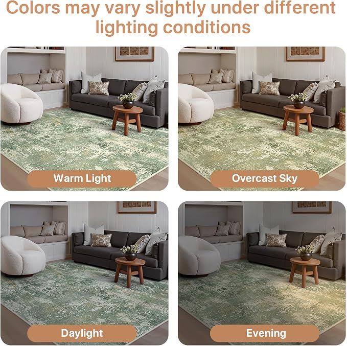 GENIMO 8x10 Area Rugs for Living Room, Machine Washable Rug Non Slip, Low Pile Ultra-Thin Lightweight Large Carpet, Abstract Modern Rugs for Bedroom, Dining Room, Office, Nursery, Olive Green