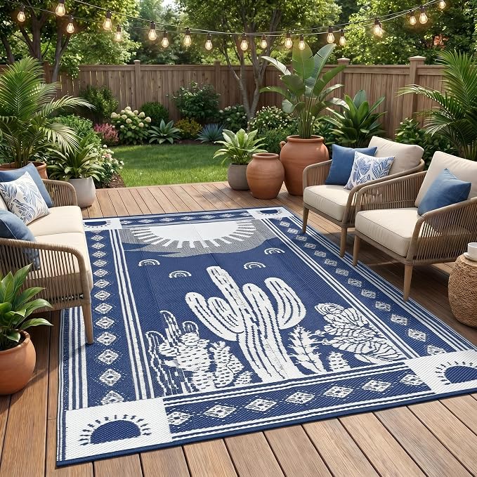 Garvee Reversible Cactus Outdoor Rug 8x10 for Patio, Waterproof Outdoor Area Rug, Modern Desert Botanical Indoor Outdoor Rugs, Plastic Straw Rug for RV, Camping, Deck, Navy Blue & Beige