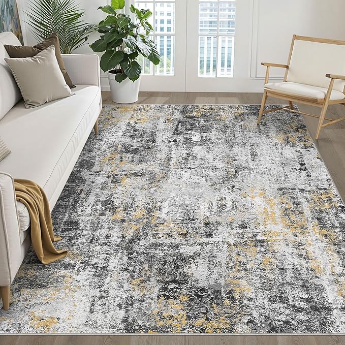 6x9 Area Rugs Living Room: Washable Large Neutral Rug Abstract Soft Modern Stain Resistant Indoor Floor Non-Slip Carpet for Bedroom Nursery Kids Office Playroom Dining Room Under Table- Black Gold