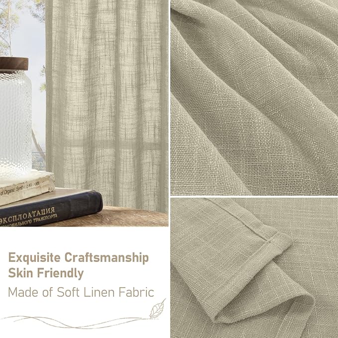 LAMIT 36 Inch Length Linen Curtains for Small Windows, Semi Sheer Light Filtering Panels Back Tab and Rod Pocket Country Decor Drapes for Basement/Kitchen, Oatmeal, 2 Panels, 34 x 36 Inch