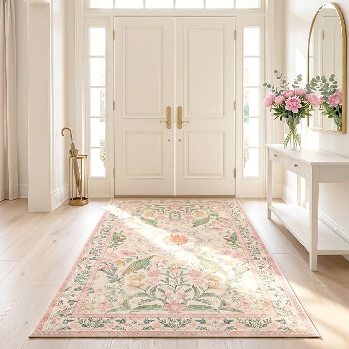 3'x5' Garden Botanical Bird Rug, Washable 0.3 Inch Cushioned Low Pile Carpet with Cotton Non Slip Backing, for Bedroom Bedside Nursery Laundry Room Entryway, Cream/Pink/Sage