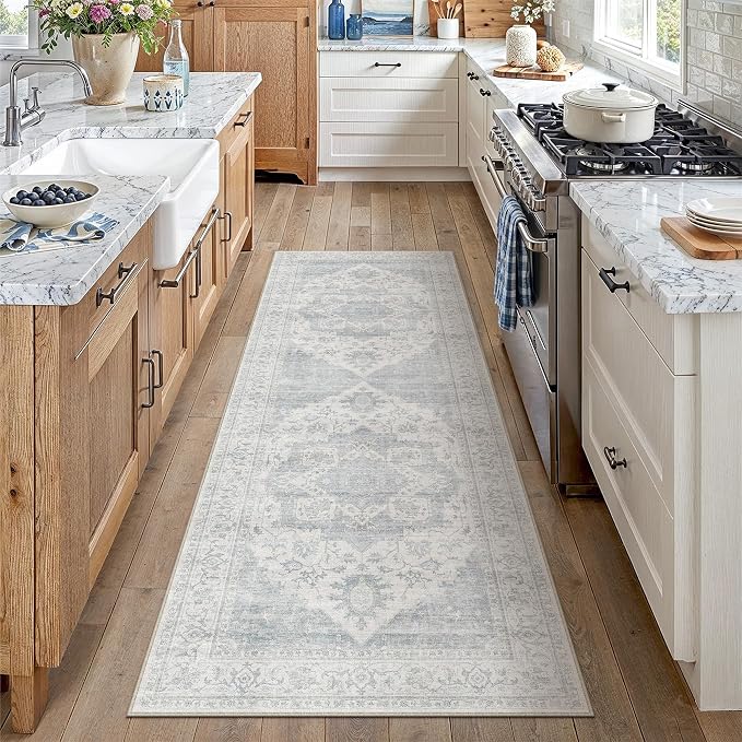 HUGEAR 2x6 Runner Rug Machine Washable Area Rug Blue Hallway Rugs Room Decor Vintage Distressed Low Pile Carpet Non Slip Rugs for Kitchen Laundry Living Soft Lightweight