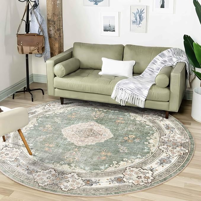 MUJOO Green Round Rug 6ft,Circle Washable Area Rug Non Slip Low-Pile Floral | Large Circular Rugs for Bedroom Living Room Dining Room Boho Throw Carpet Soft Floor Indoor Flowers Sage Green