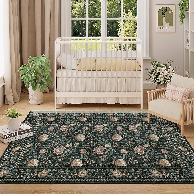 DUKINO 4x6 Area Rug, Washable Vintage Floral Rug for Living Room Dark Green | Non Slip, Low Pile, Stain Resistant Boho Lightweight Soft Indoor Carpet for Bedroom Office Dining Room Entryway Farmhouse