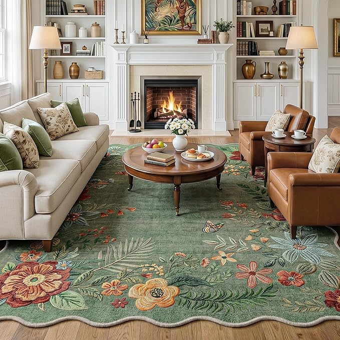 FMFUNCTEX 6x9 Washable Sage Green Floral Scalloped Area Rug for Living Room | Vintage Flower Colorful Traditional Boho Distressed Soft Non Slip Low Pile Large Cottage Indoor Carpet Dining Bedroom Nursery