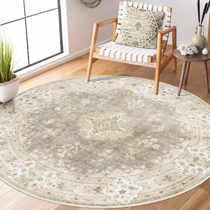 MUJOO Beige Round Rug 5ft,Circle Washable Area Rug Non Slip Low-Pile Floral | Circular Rugs for Bedroom Living Room Dining Room Bathroom Boho Throw Carpet Soft Floor Indoor Vintage Bohemian Flowers