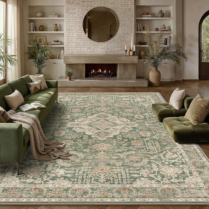 HUGEAR 8x10 Area Rug Green Machine Washable Rug Room Decor Vintage Distressed Living Room Rugs Non Slip Low Pile Soft Carpet for Bedroom Dining Room Office Soft Lightweight