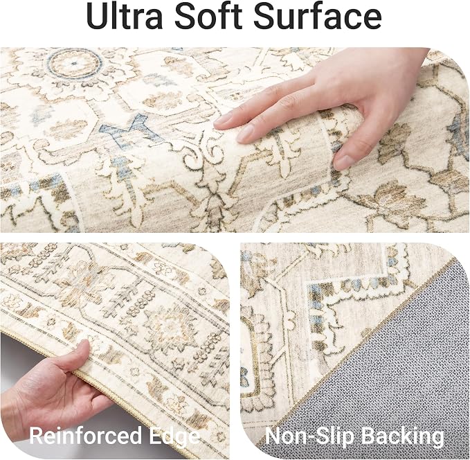 Area Rugs for Living Room - 4x6, Boho Non-Slip Low Pile Carpet Machine Washable Rugs for Bedroom Office, Dining Room (Beige)
