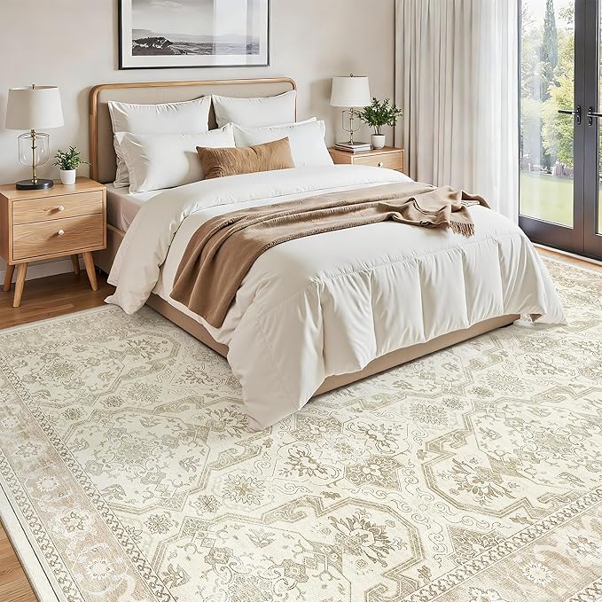 Soalmost Area Rug 10x12 Vintage Washable Living Room Large Carpet Non Slip Bedroom Indoor Office Dining Room Low Pile Thin Rug Beige/Brown
