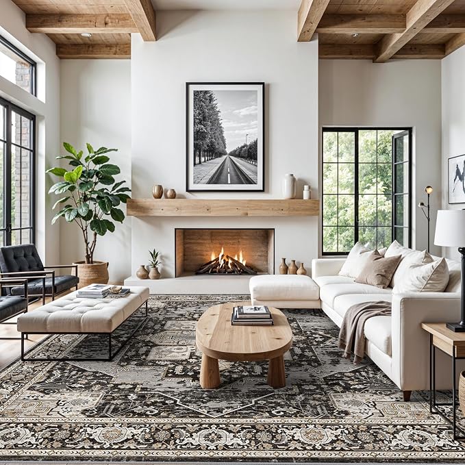 Living Room 12x12 Area Rug - Large Washable Area Rugs with Non Slip Backing Stain Resistant Carpet Indoor Soft Carpets Distressed Decoration Mat for Bedroom Dining Room 12x12 Black