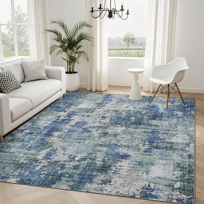 Sasttie 6x9 Soft Area Rug for Living Room, Modern Abstract Washable Carpet for Bedroom, with Non-Slip Backing, Blue and Green