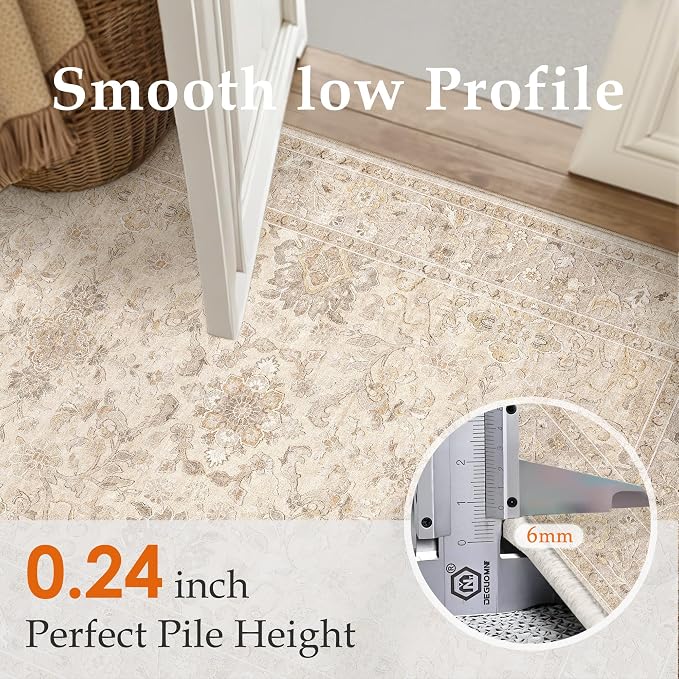 2x8 Beige Washable Runner Rug Non Slip Vintage Carpet | Soft Low Pile, Lightweight Foldable, Pet Friendly, Hallway, Kitchen, Bathroom, Front Door, Beside Bed