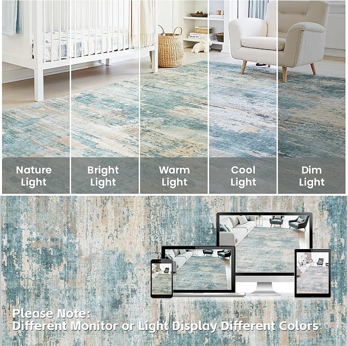 6x9 Area Rugs Living Room Rug Modern Abstract Neutral Washable Rugs Non Slip Soft Carpet Large Area Rug Low Pile Stain Resistant Non Shedding for Bedroom Nursery Dining Room Home Office Green