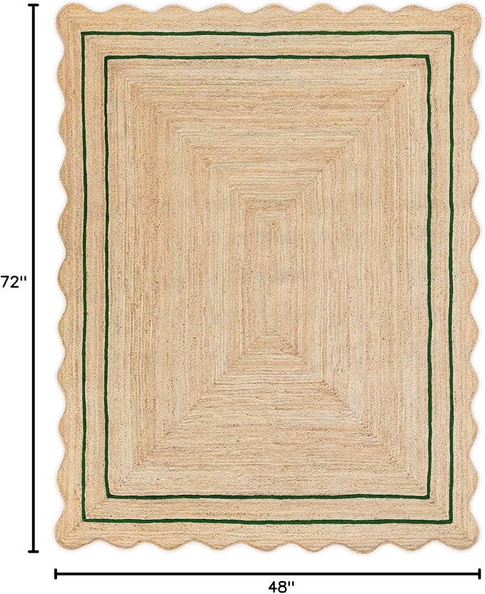 Wave Scalloped Natural Jute Runner, Green (4'x6'): Boho Farmhouse Scallop Entryway Rug